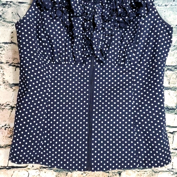DS by Debbie Shuchat | Retro Style Navy Blue and White Polka Dot Ruffled Blouse - Picture 5 of 9